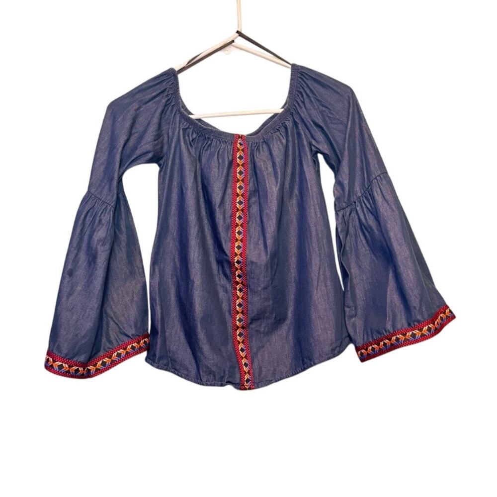 A'GACI Denim Off Shoulder Peasant Blouse Small Bell Sleeve Aztec Embroidery